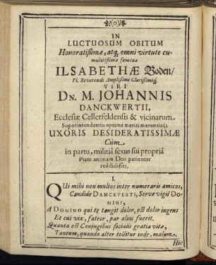 In Luctuosum Obitum Honoratissimæ, [...]