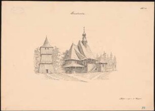 Holzkirche, Ponischowitz: Perspektivische Ansicht (aus: Die Holzkirchen und Holztürme der preußischen Ostprovinzen)