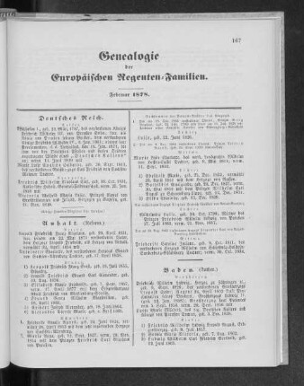 Genealogie der Europäischen Regenten-Familien. Februar 1878.