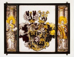 Wappenscheibe der Nürnberger Patrizierfamilie Fürer von Haimendorf flankiert von den zwei Tugendpersonifikationen der Sapientia (Weisheit) und der Pietas (Frömmigkeit)