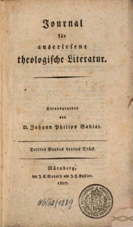 Journal für auserlesene theologische Literatur. 3,3. 1807