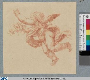 Schwebender Putto mit Blumen nach hinten gewendet