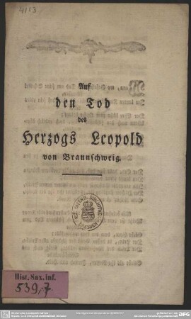 Auf den Tod des Herzogs Leopold von Braunschweig
