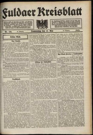Erste Ausgabe vom Donnerstag, den 15. Mai 1913.