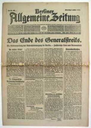 Tageszeitung "Berliner Allgemeine Zeitung" zu den revolutionären Kämpfen in Berlin (März-Kämpfe)
