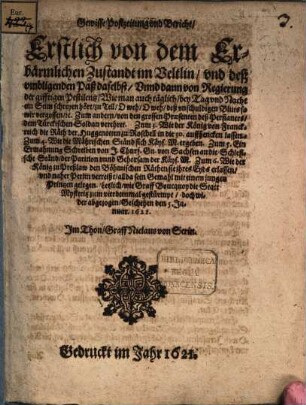 Post-Zeitung und Bericht von dem Erbärmlichen Zustandt im Veltlin und deß umbligenden Paß