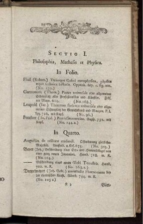 Sectio I. Philosophia, Matgesis et Physica. [bis] Sectio IX. Theologia et Physico-Theologia.