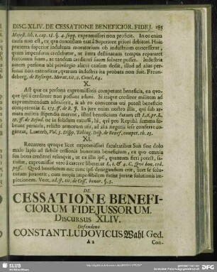 De Cessatione Beneficiorum Fideiussorum, Discursus XLIV. Defendens Constant. Ludovicus Wahl. Ged.