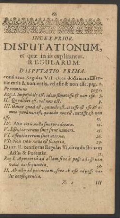 Index Prior. Disputationum, et quae in iis explicantur, Regularum