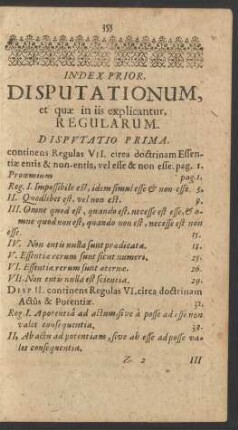 Index Prior. Disputationum, et quae in iis explicantur, Regularum