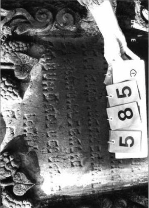 Grabstein 585 (Index: 99753080) Material: Sandstein Zustand: leicht verwittert Maße HxBxT: 160x101x18 cm Beschreibung: Stele, geschwungen eingezog. Rundbogenabschl. , Schriftfeld eingetieft Symbolik: Pinienzapfen, Ranken, Muscheln, Voluten, Schriftband Besonderheit: Zitat angelehnt an Deuteronomium 34, 5: Grabstein 585D (Nachholaufnahme)