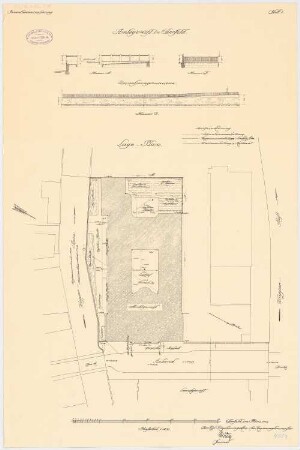 Amtsgericht, Elberfeld: Lageplan, Umfassungsmauern in Aufriss und Schnitt 1:250