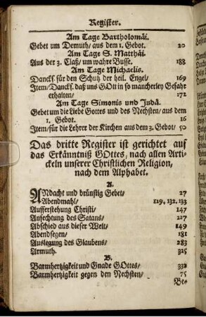 Das dritte Register ist gerichtet auf das Erkänntniß Gottes, nach allen Artickeln unserer Christlichen Religion, nach dem Alphabet.