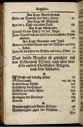 Das dritte Register ist gerichtet auf das Erkänntniß Gottes, nach allen Artickeln unserer Christlichen Religion, nach dem Alphabet.