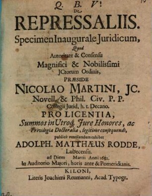 De repressaliis specimen inaugurale iuridicum