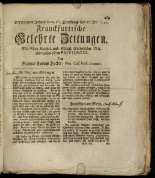 Num. CI. Dienstags den 17. Dec. 1737 - Num. CV. Dienstags den 31. Dec. 1737