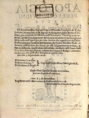 Apologia Per Le Oppositioni Fatte Dall'Illustrissimo, ... Cardinale Bellarminio Alli Trattati ... di Gio. Gersone sopra la validità delle Scommuniche