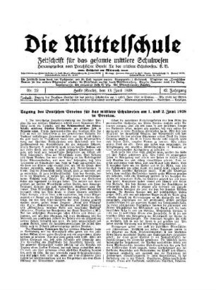 Tagung des Deutschen Vereins für das mittlere Schulwesen am 1. und 2. Juni 1928 in Breslau