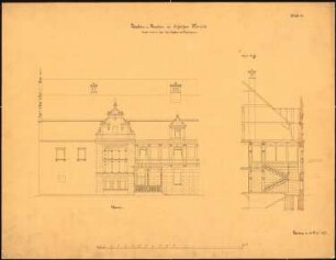 Schloss Klonitz Umbau und Ausbau: Teil-Aufriss des Westfassade und Teil-Querschnitt, Maßstabsleiste