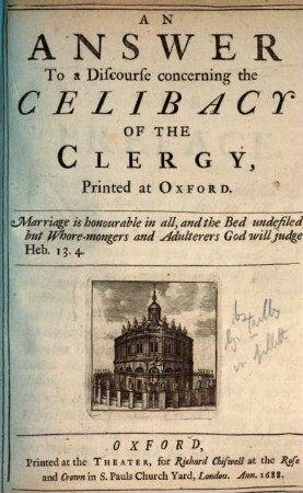 An answer to a discourse concerning the celibacy of the clergy, printed at Oxford