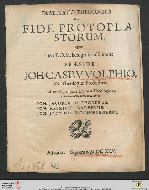 Dissertatio Theologica De Fide Protoplastorum