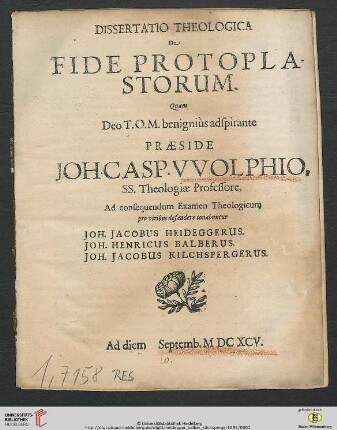 Dissertatio Theologica De Fide Protoplastorum