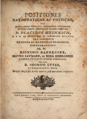 Positiones Mathematicae Ac Physicae