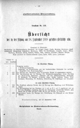 Übersicht der in der Sitzung gefaßten Beschlüsse u.s.w. (123.), 18. September 1918