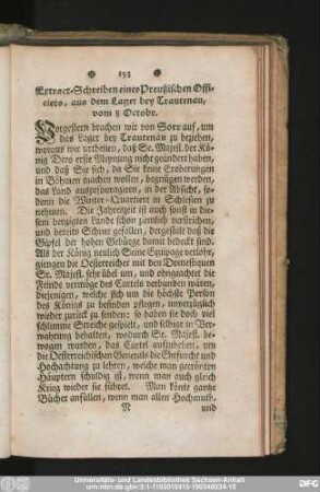Extract-Schreiben eines Preußischen Officiers, aus dem Lager Bey Trautenau, vom 8 Octobr.