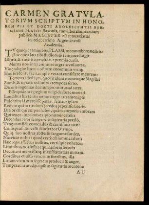 Carmen Gratulatorium Scriptum In Honorem Pii Et Docti Adolescentis Hermanni Plassii ...