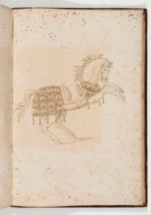 Springendes Pferd mit Prachtreitzeug und Sattel, in: Equestrium statuarum [...] formae [...] artificiosissime pictis, Bl. 99