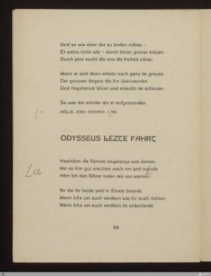 Odysseus letzte Fahrt (Hölle XXVI, 76 - 142) : [SW X/XI: keine Sigle]; [SW X/XI, S. 40-43/172]