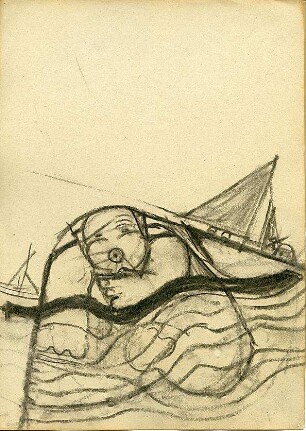 Rosenbauer, Gregor; Bodensee; Gewässer - Wellengang mit Figur und Segelbooten (Ansicht)