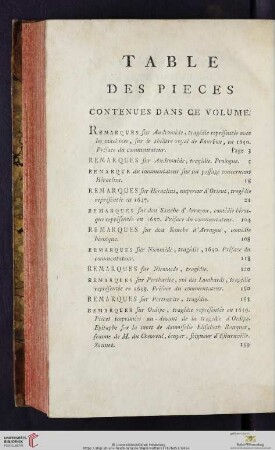Table des pieces contenues dans ce volume