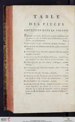 Table des pieces contenues dans ce volume