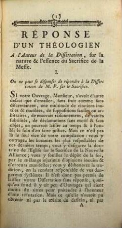 Réponse à l'auteur de la dissertation sur la nature et l'essence du Sacrifice de la Messe