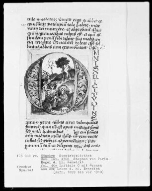 Stephan von Paris, Auslegung der Regel des heiligen Benedikt — Initiale O (mnis), darin das Volk verehrt Benedikt und bringt ihm Nahrung, Folio 40verso
