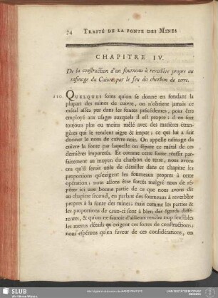 Chapitre IV. De la construction d'un Fourneau à reverbère propre au rafinage du Cuivre par le feu du charbon de terre