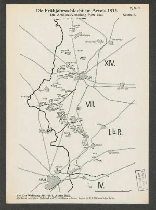 Skizze 7. Die Frühjahrsschlacht im Artois 1915. Die Artillerie=Verteilung Mitte Mai.