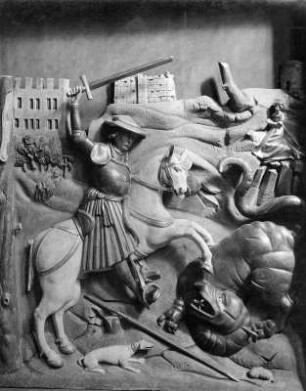 Der Heilige Georg im Kampf mit dem Drachen (Relief) : Der Heilige Georg im Kampf mit dem Drachen (Relief). Maria Saal, Propsteipfarr- und Wallfahrtskirche Mariae Himmelfahrt