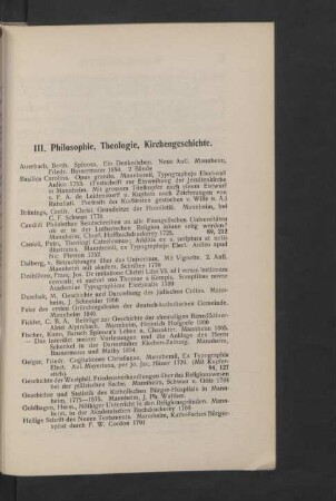 III. Philosophie, Theologie, Kirchengeschichte.