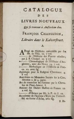Catalogue des Livres Nouveaux