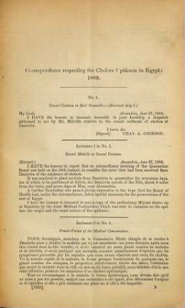 Correspondence, respecting the Cholera Epidemic in Egypt: 1883 : Presented to both Houses of Parliament by Command of Her Majesty. 1883, 1