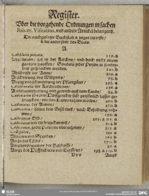 Register. Uber die vorgehende Ordnungen in sachen Policey, Visitation, und andere Artickel belangend