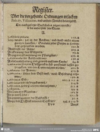 Register. Uber die vorgehende Ordnungen in sachen Policey, Visitation, und andere Artickel belangend