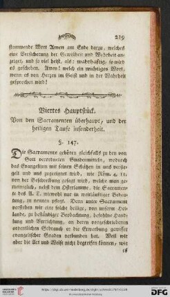 Viertes Hauptstueck: Von den Sacramenten ueberhaupt, und der heiligen Taufe insonderheit