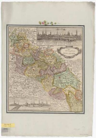Karte von Schlesien, 1:1 000 000, Kupferstich, um 1740 : Das Hertzogthum Schlesien / Busch excudit. - [Ca. 1:1 000 000]. - [Berlin] , [um 1740]. - 1 Kt. : Kupferst. ; 32 x 36 cm. Titelkartusche oben rechts. - Mit 2 Stadtansichten: Breslau. Gross-Glogau. - Mit Kt.-Netz