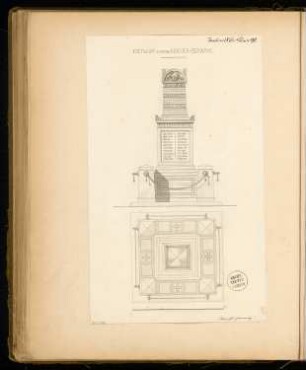 Gefallenendenkmal, Genthin Monatskonkurrenz Januar 1876: Grundriss, Aufriss Vorderansicht; Maßstabsleiste