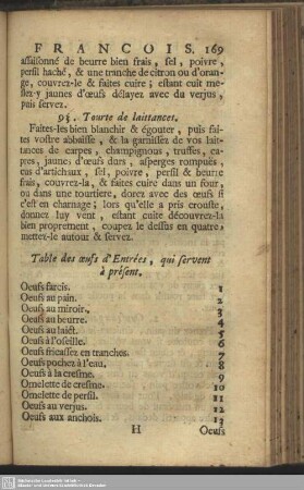 Table des œufs d'Entrées, qui servent à présent