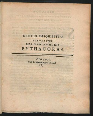 Brevis Disquisitio Habveritne Res Pro Nvmeris Pythagoras